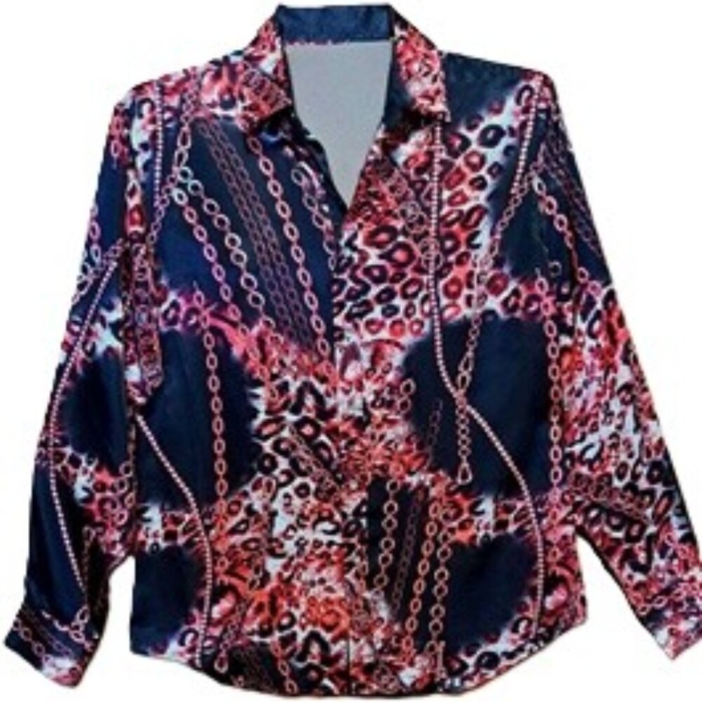 NOS Mens Red Shiny Satin Leopard Shirt M